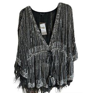 Diamond For Eden NWT Black & Silver Sequined Evening Top With Feathers Size S/M